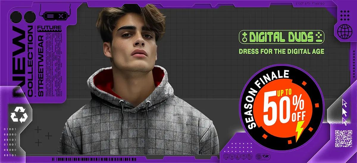 Homepage banner featuring a young gamer man in a stylish gaming hoodie with a 'Season Finale up to 50% Off' offer for GAME ON and LEGENDARY collections at Digital Duds®, perfect for gamers and fashion-forward individuals.