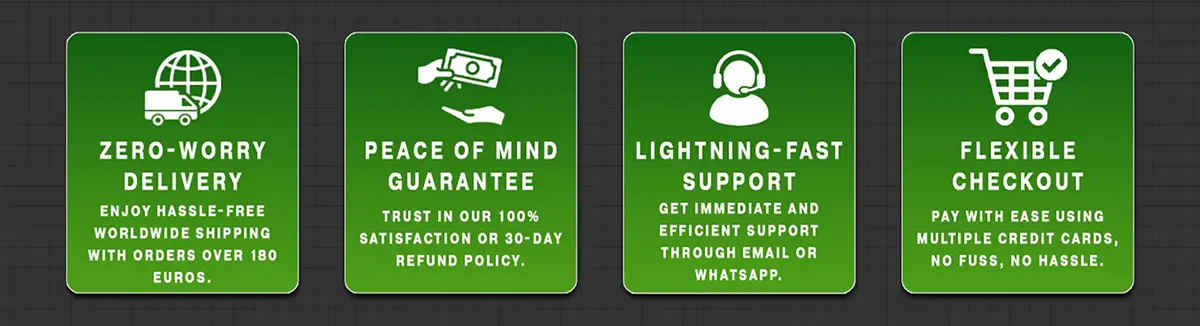 Customer Service Icons - Zero-Worry Delivery, Peace of Mind Guarantee, Lightning-Fast Support, Flexible Checkout