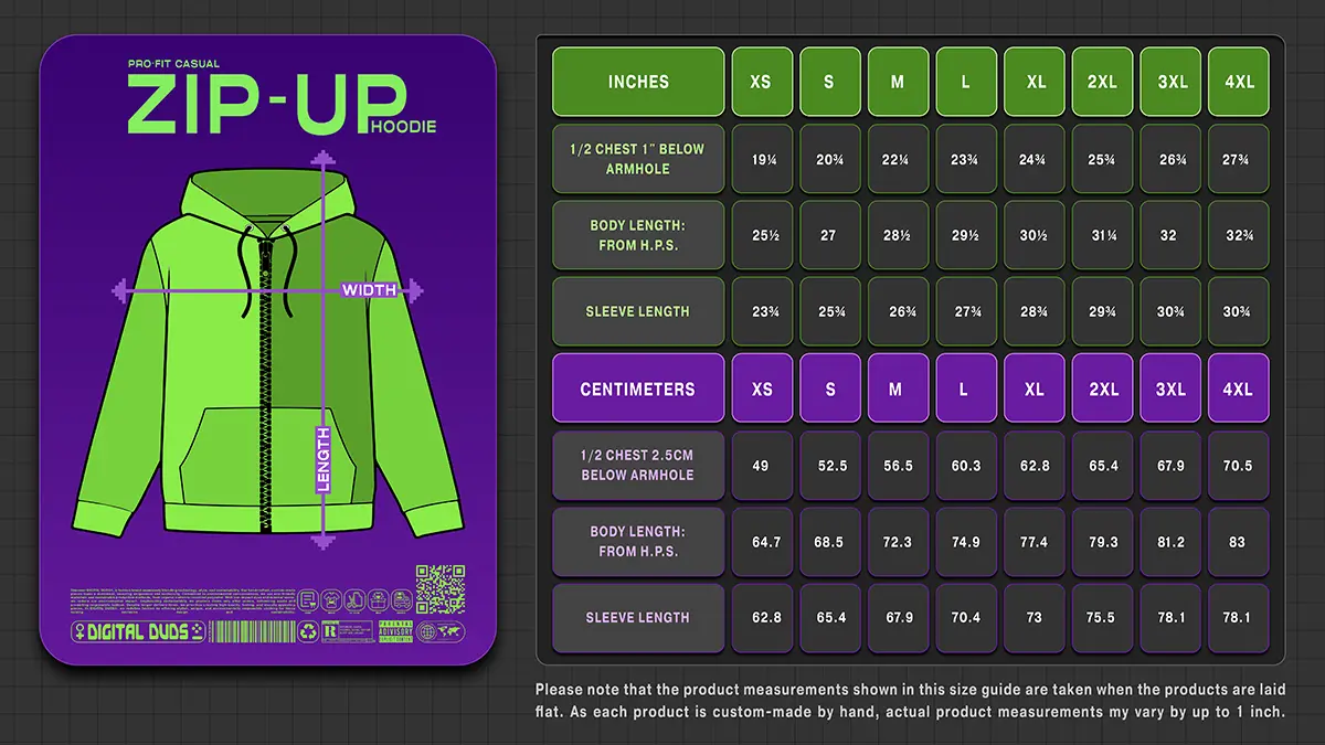 Size Guide PRO-Fit Casual Zip-Up Hoodie