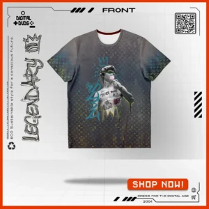 Mythic Rebel Tee front view - showcasing a unique blend of street art and digital design elements on EcoWeave Prime fabric, perfect for the eco-conscious gamer and tech enthusiast.